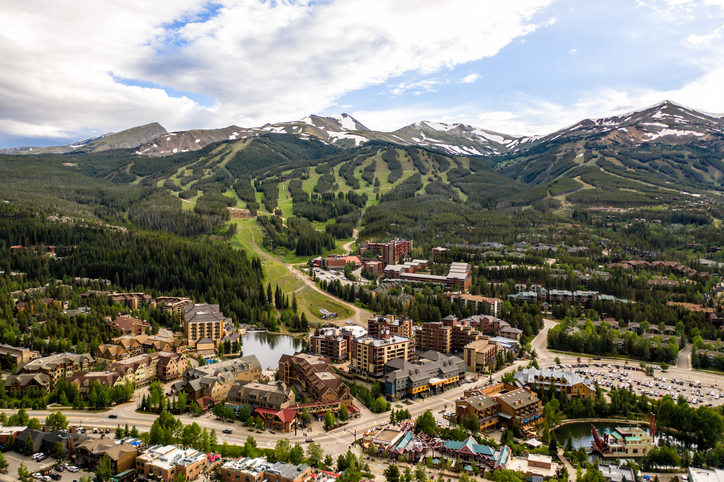 An aerial view of downtown Breckenridge in the summer